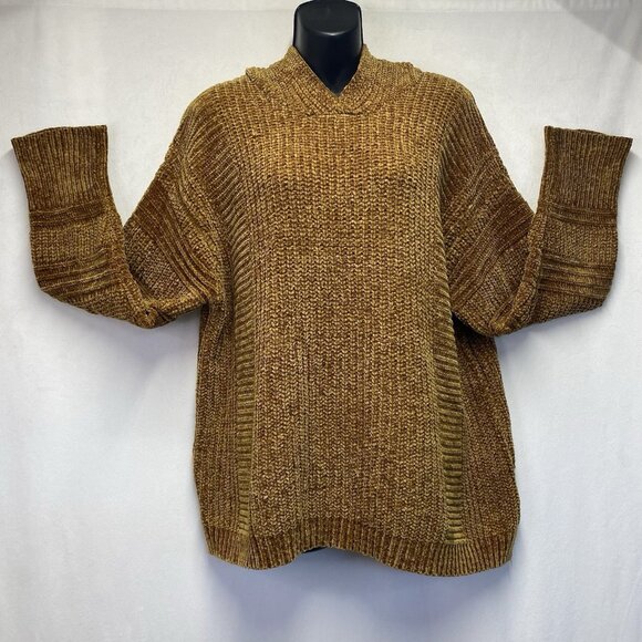 Pleione Chunky Chenille Knit Pullover Oversized Hooded Sweater Women Large Gold - Picture 1 of 16
